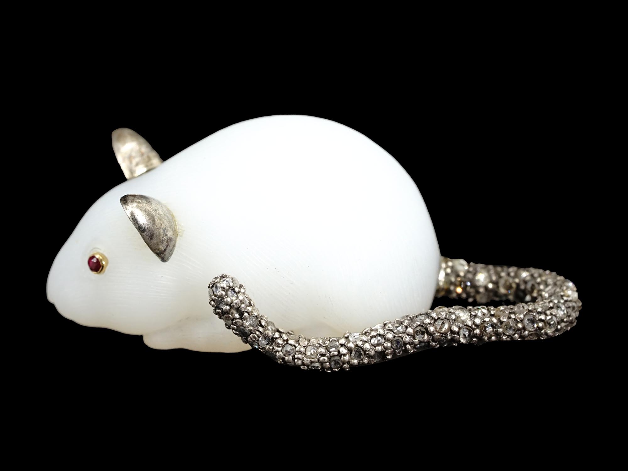 RUSSIAN SILVER WHITE NEPHRITE MOUSE WITH DIAMONDS PIC-1